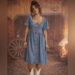 Vintage FairSet Daisy Trim Denim Midi Dress